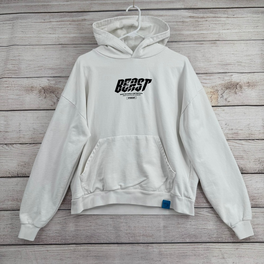 MrBeast Hoodie Men M White‎ Beast Logo Graphic Cotton Sweatshirt